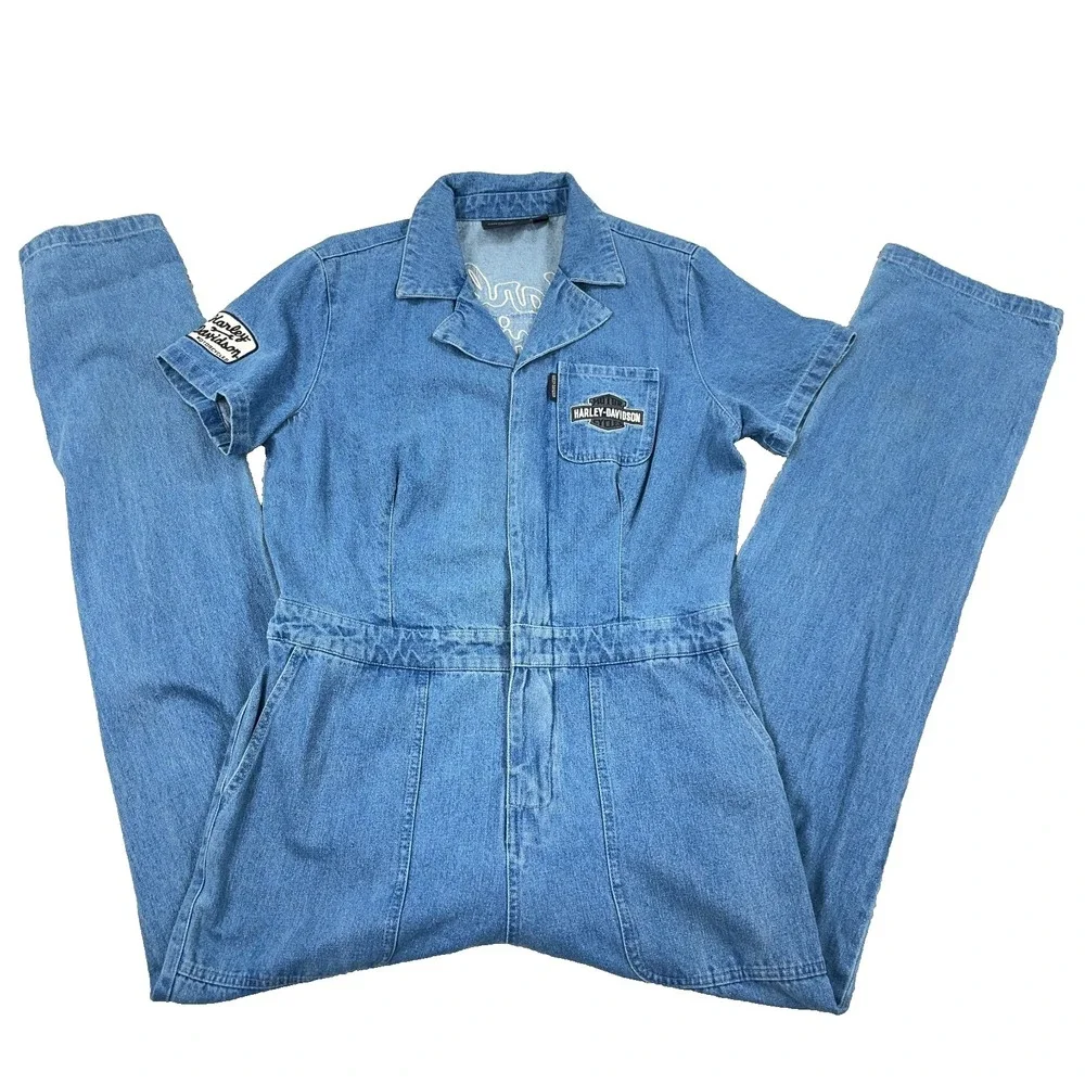 Harley Davidson Denim Bib Coverall Jumpsuit Women Large Blue Embroidered Y2K - Picture 2 of 16